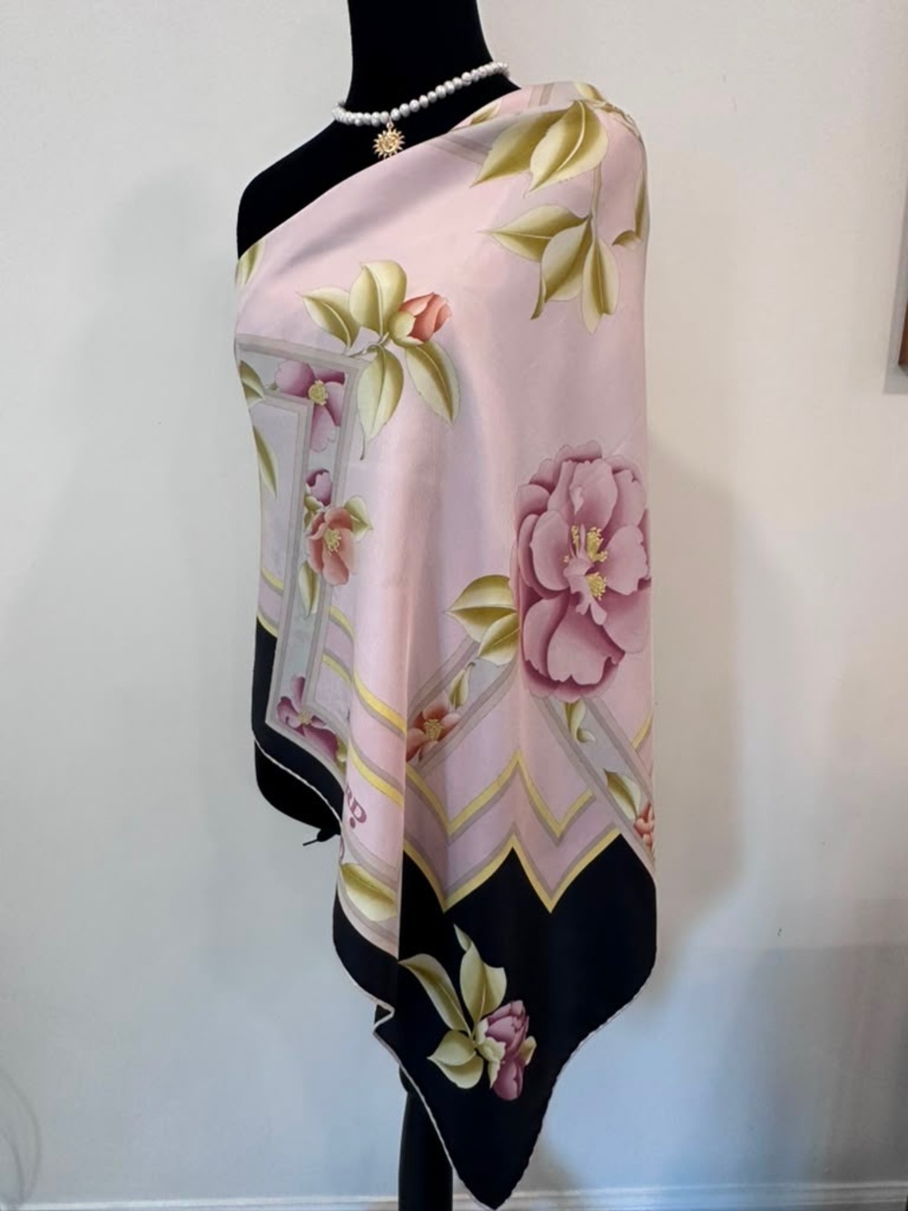 Leonard Silk Scarf Black White Floral Hand Rolled Made in France - Picture 3 of 11